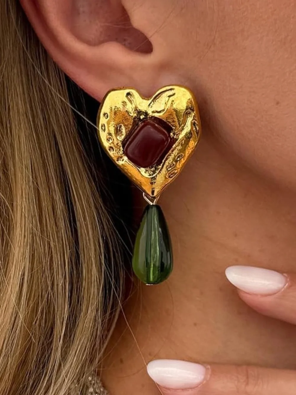 Anthropologie Gold Heart Earrings with Burgundy Stone and Green Teardrop